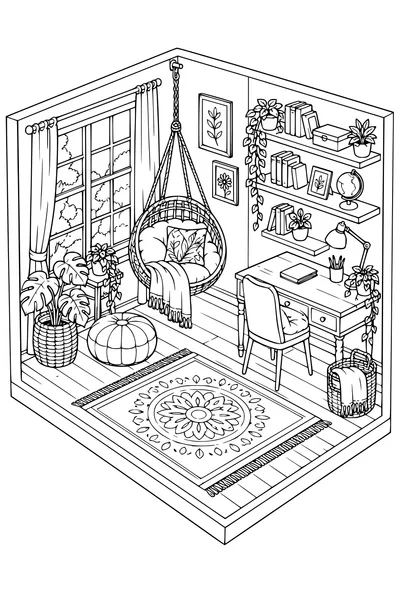 Coloriage: Bureau d’écriture douillet avec un fauteuil suspendu.