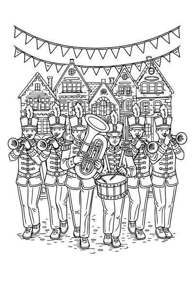 Coloring page of a marching brass band in a street of gabled houses