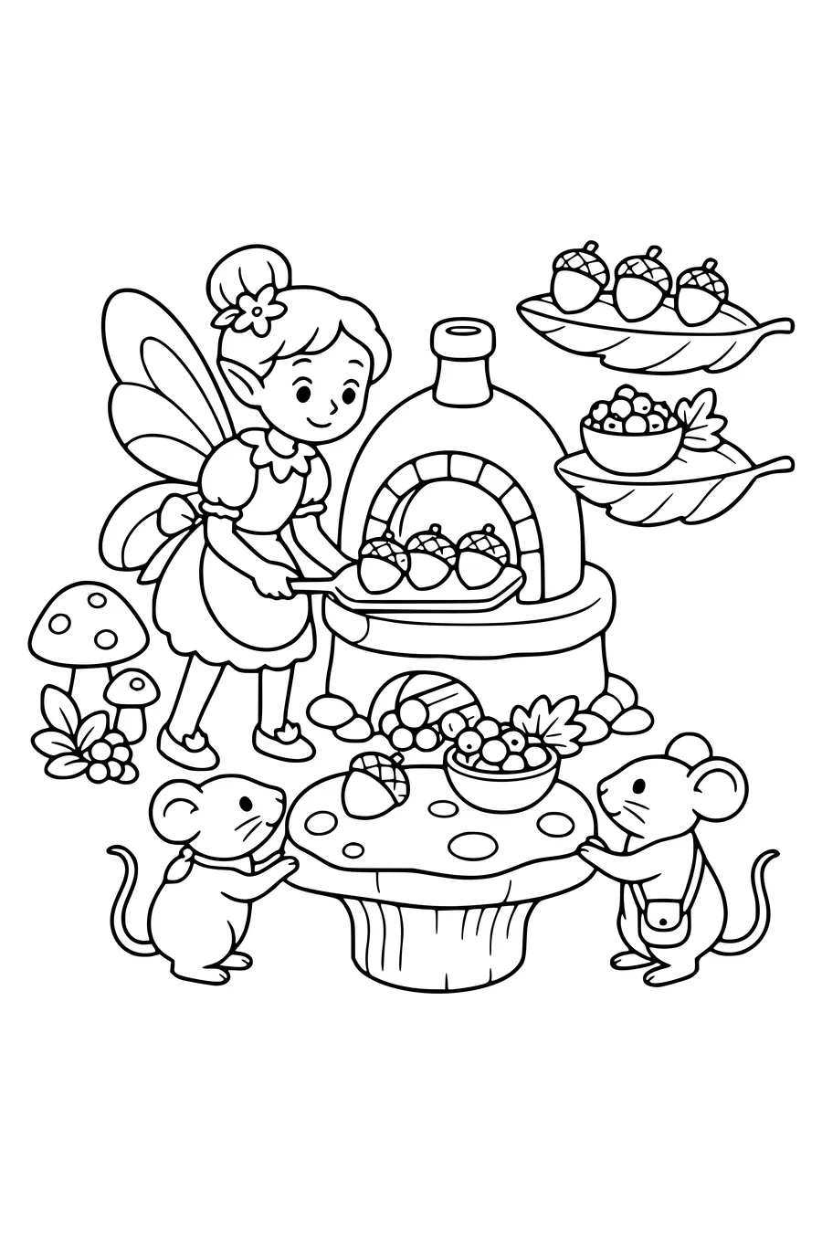 Medium coloring page of an original fairy baking acorn-shaped rolls