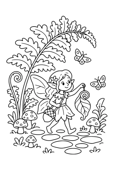 Medium coloring page of an original forest fairy carrying a leaf lantern