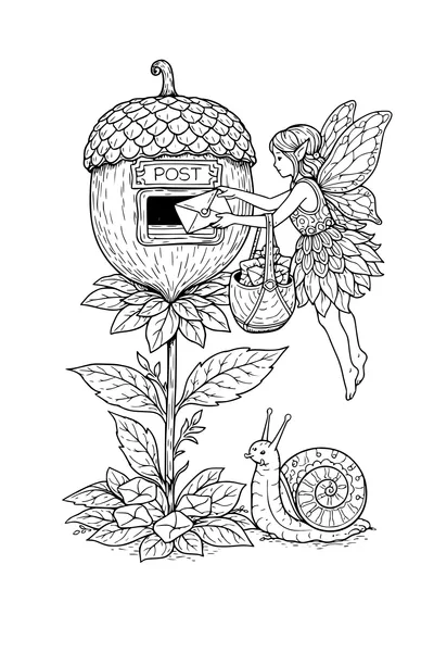 Coloring page of a fairy posting a letter in an acorn postbox