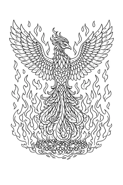 Coloring page of a phoenix rising with spread wings and flames