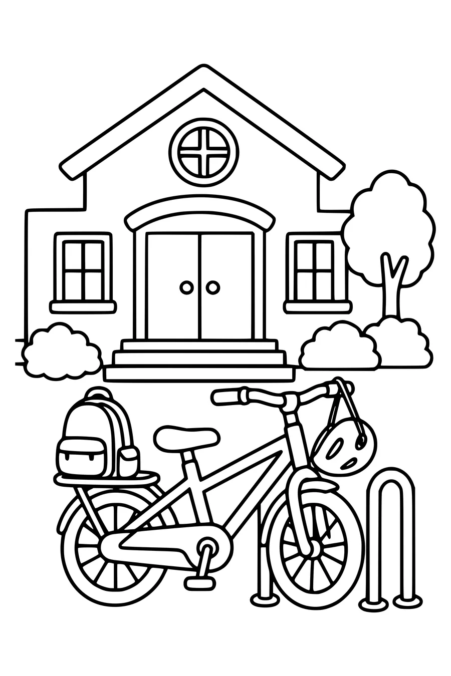 Gratis printbare school kleurplaat van fiets bij het schoolgebouw in de klas