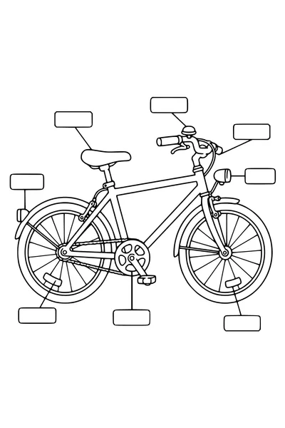 Coloring page of a bicycle with blank labels pointing to its parts