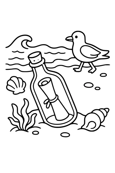 Coloring page of a bottle with a message washed up on the sand