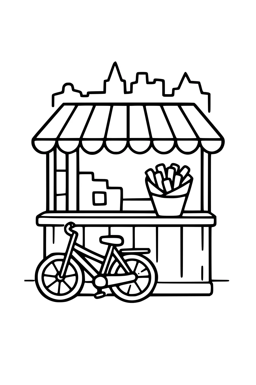 Coloring page of a Belgian chip stand with a striped awning on a market square