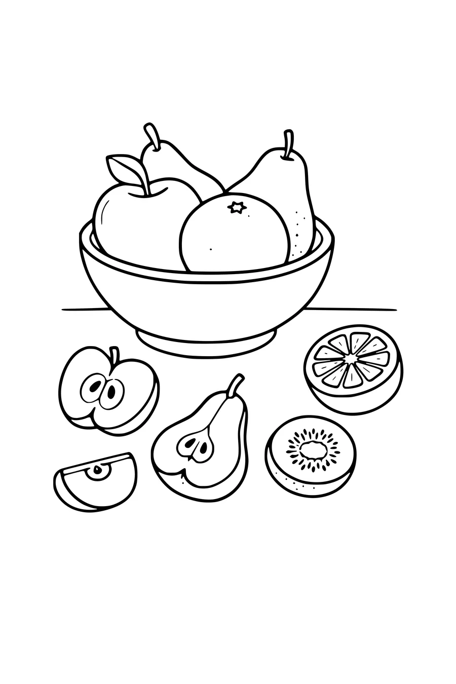 Coloring page of a fruit bowl with the same fruits cut open beside it