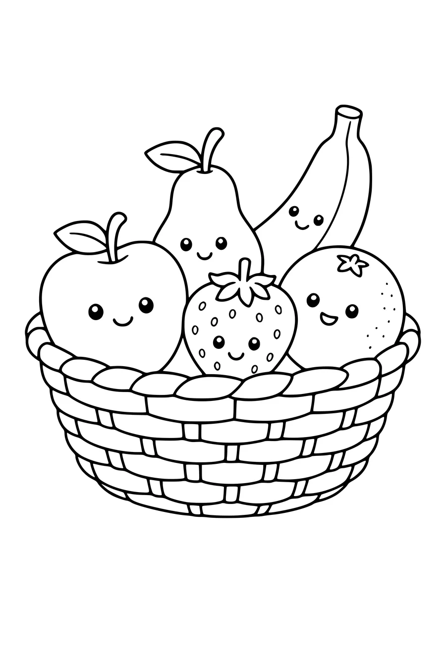 Printbare kleurplaat van fruitvriendjes in een mand
