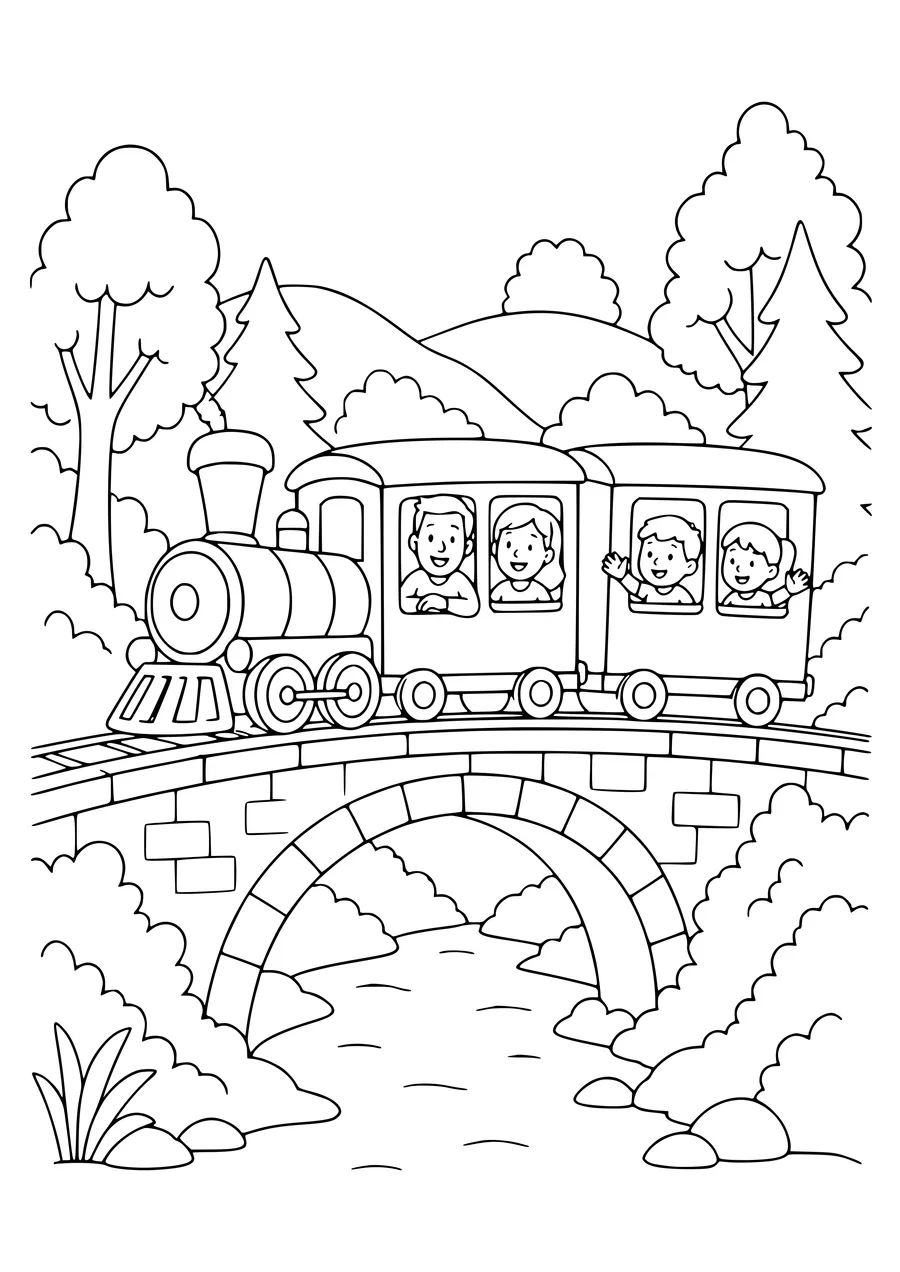 Train journey through the Ardennes coloring page — kostenloses Ausmalbild zum Ausdrucken