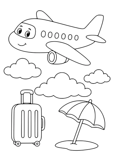 Airplane going on holiday coloring page — kostenloses Ausmalbild zum Ausdrucken