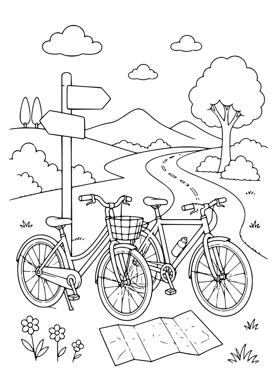Cycling holiday with a map coloring page to print