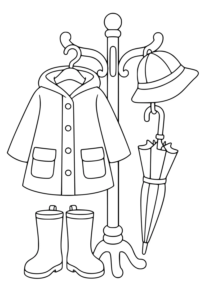 Raincoat and rubber boots coloring page — page de coloriage gratuite à imprimer