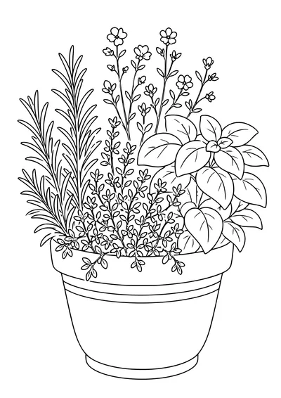 Herb garden in a pot coloring page — kostenloses Ausmalbild zum Ausdrucken