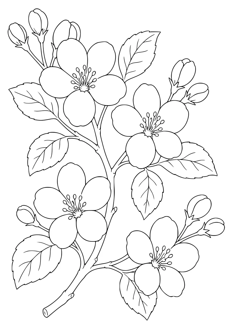 Apple blossom and branches coloring page — kostenloses Ausmalbild zum Ausdrucken