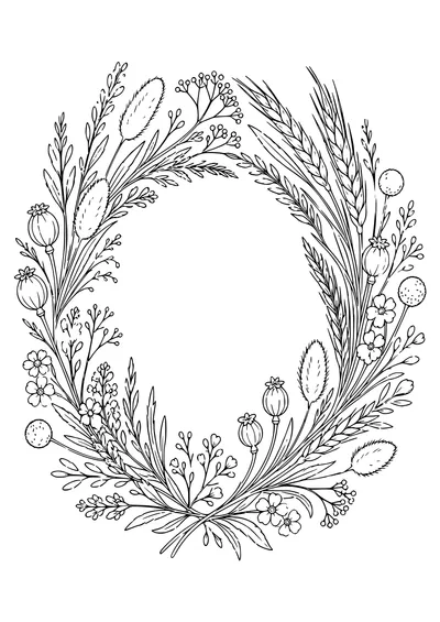 Wreath of dried flowers coloring page — kostenloses Ausmalbild zum Ausdrucken