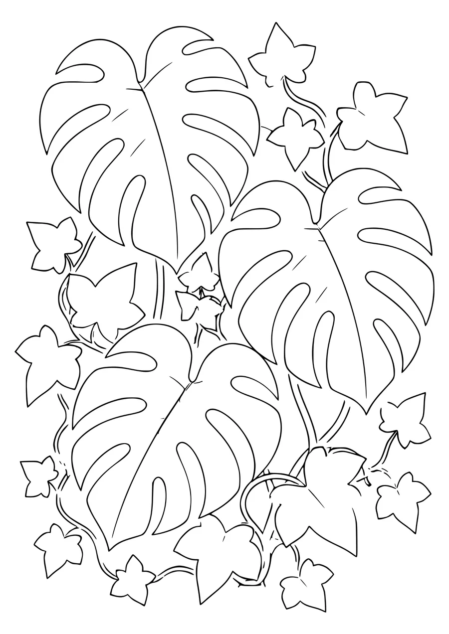 Monstera- en klimopbladeren kleurplaat om te printen