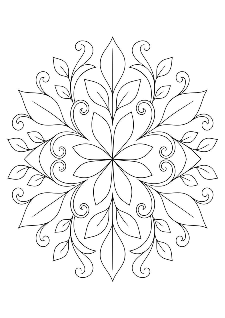 Circle pattern with leaves coloring page — kostenloses Ausmalbild zum Ausdrucken
