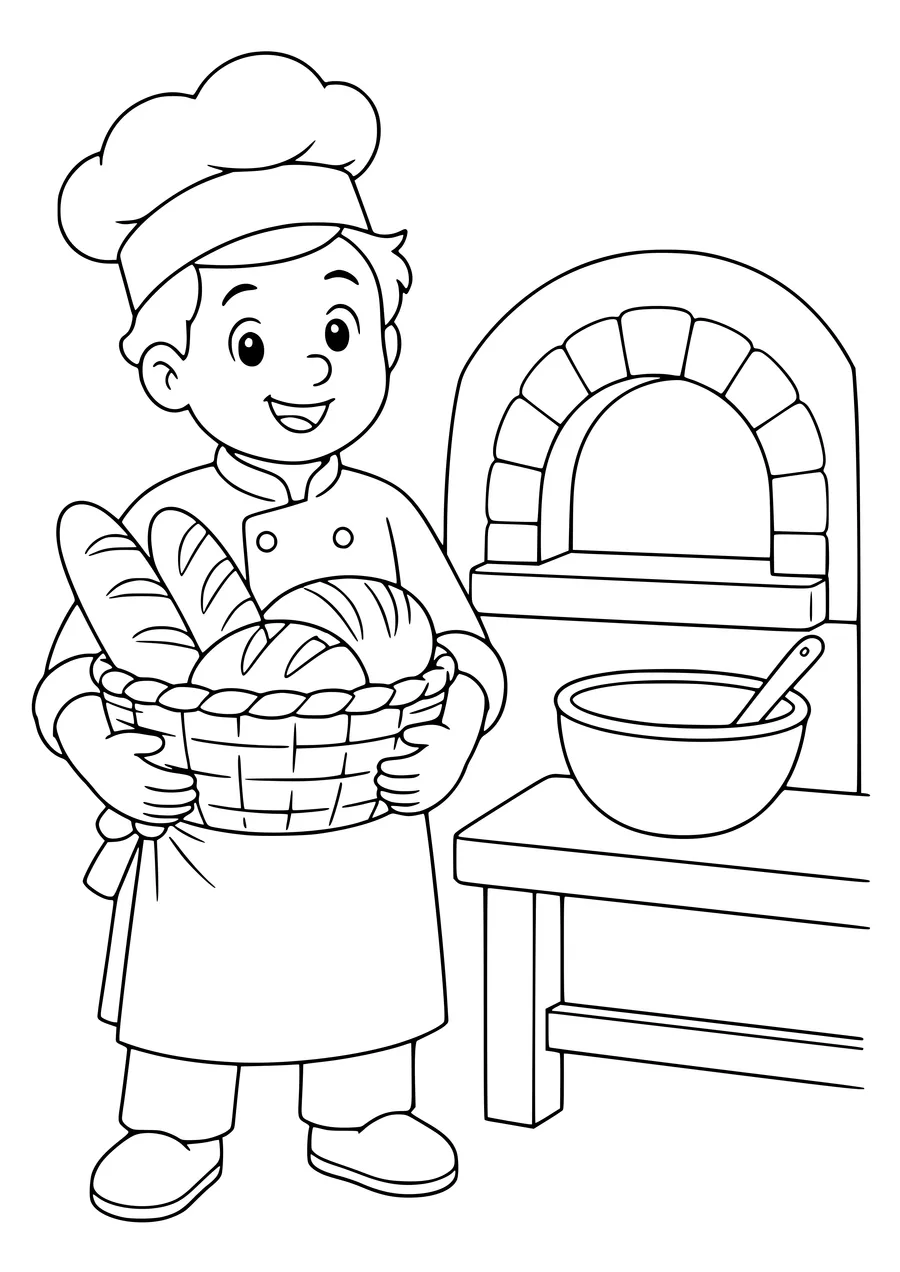 Baker with a bread basket coloring page — kostenloses Ausmalbild zum Ausdrucken
