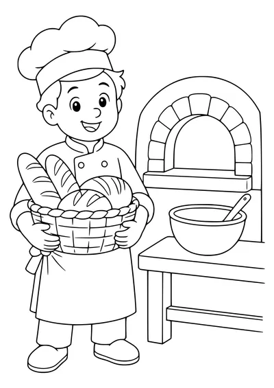 Baker with a bread basket coloring page — kostenloses Ausmalbild zum Ausdrucken