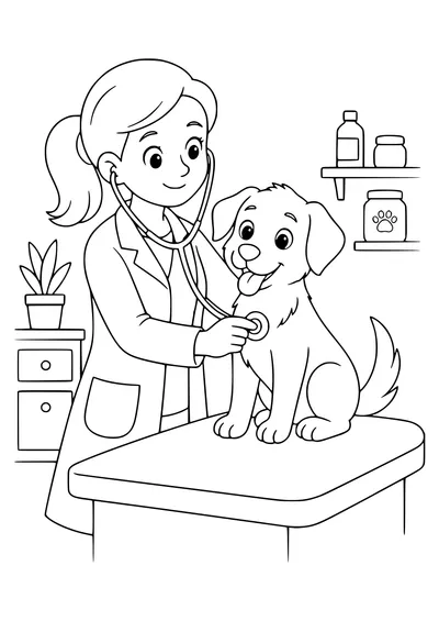 Veterinarian with a stethoscope coloring page — kostenloses Ausmalbild zum Ausdrucken
