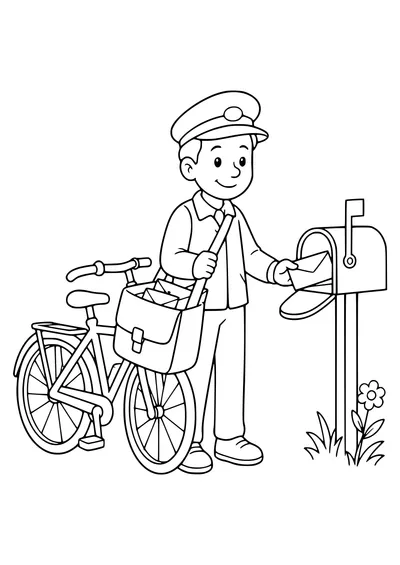 Mail carrier with a bicycle bag coloring page — kostenloses Ausmalbild zum Ausdrucken
