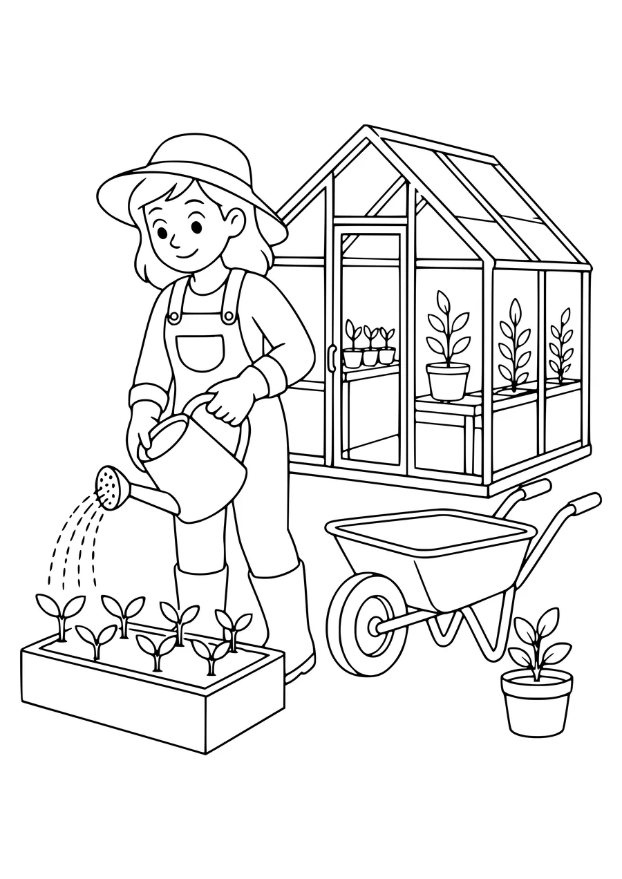 Gardener with a watering can coloring page — kostenloses Ausmalbild zum Ausdrucken