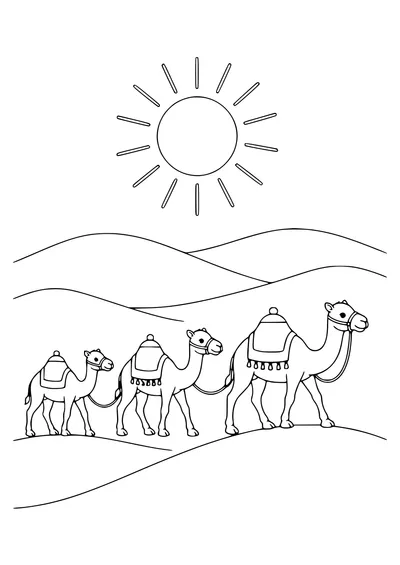 Desert caravan by dunes coloring page to print