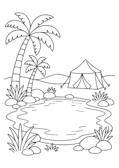 Oasis with palm trees coloring page to print