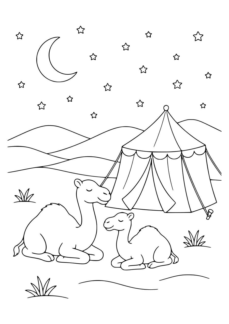 Desert night with camels coloring page — kostenloses Ausmalbild zum Ausdrucken