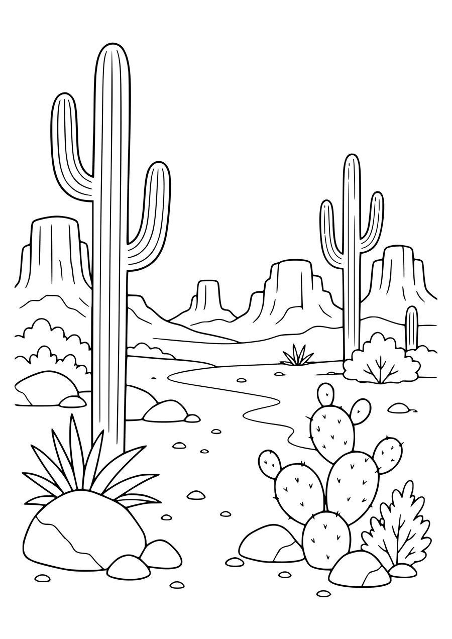 Cactuslandschap met rotsen kleurplaat om te printen