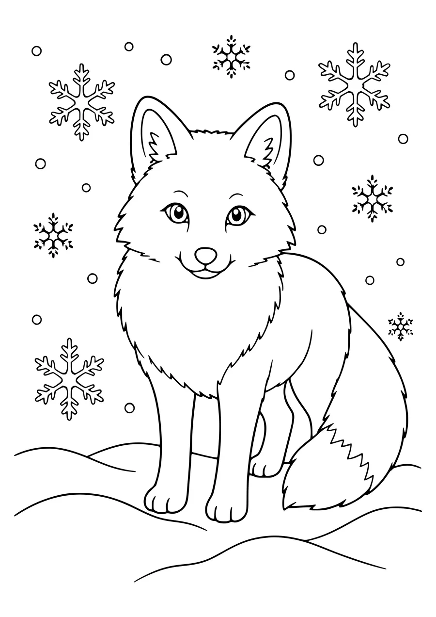 Arctic fox in the snow coloring page to print