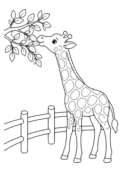 Giraffe by the feeding rail coloring page — page de coloriage gratuite à imprimer