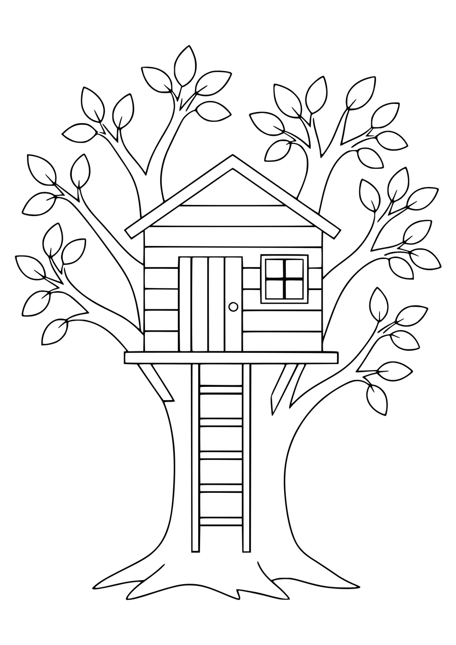 Treehouse in the garden coloring page — kostenloses Ausmalbild zum Ausdrucken