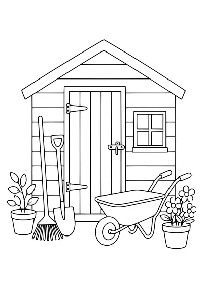 Garden shed with tools coloring page — page de coloriage gratuite à imprimer