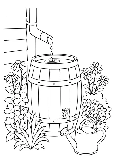Rain barrel and flowers coloring page — page de coloriage gratuite à imprimer