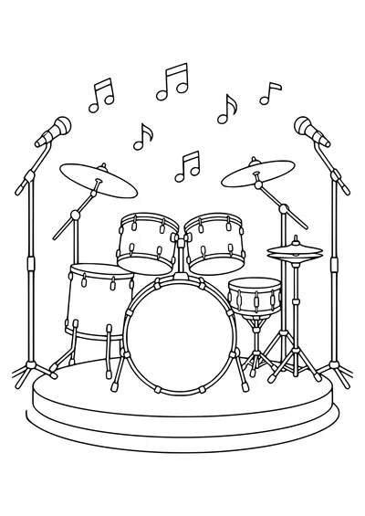 Drum kit on stage coloring page — page de coloriage gratuite à imprimer