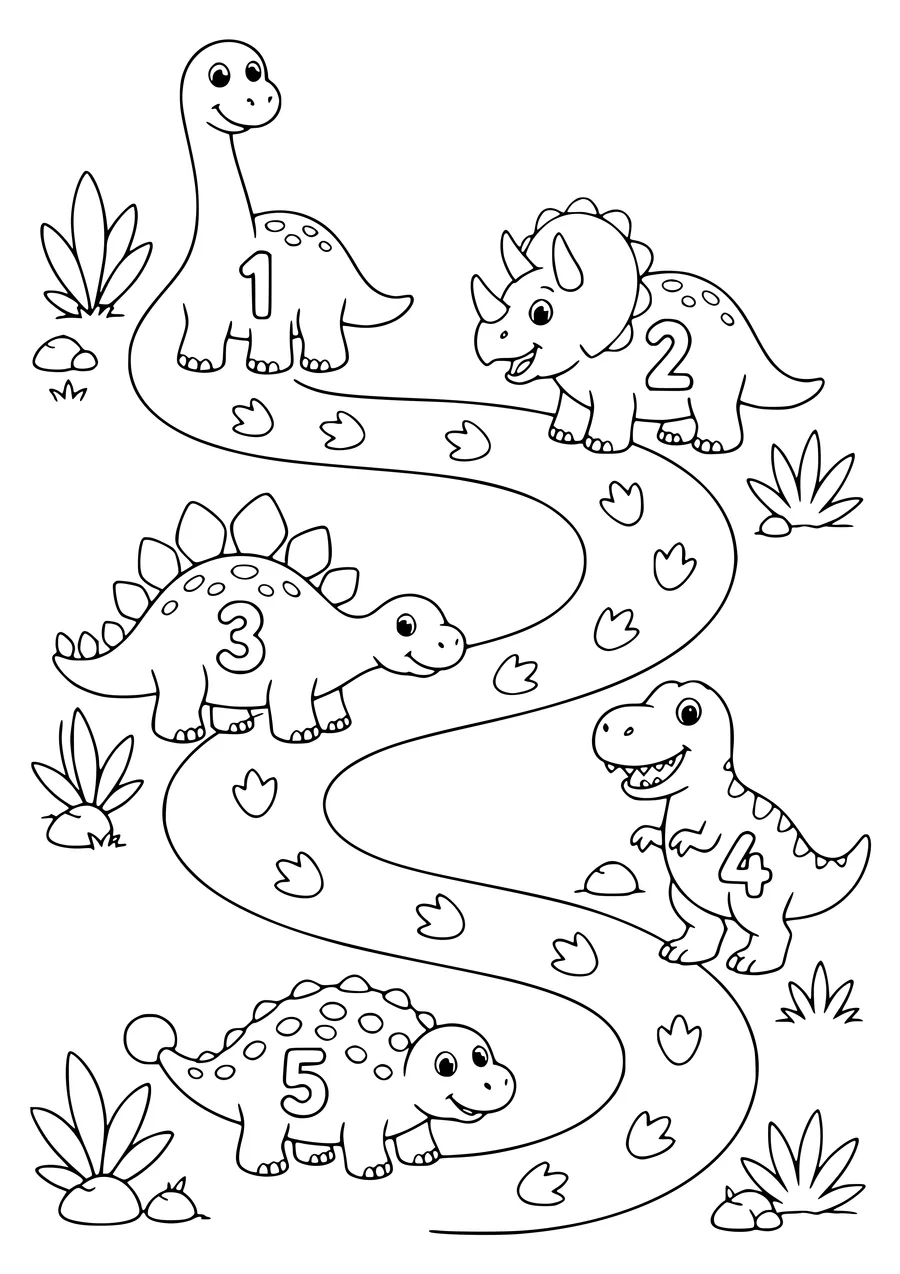 Dinosaur counting path coloring page — kostenloses Ausmalbild zum Ausdrucken