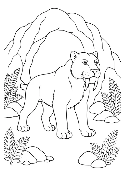 Saber-toothed cat by the cave coloring page to print