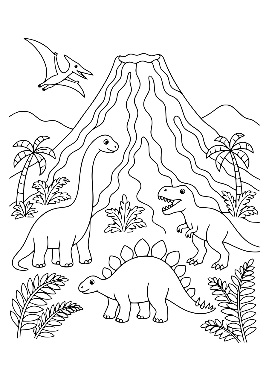 Volcano in prehistoric times coloring page — page de coloriage gratuite à imprimer
