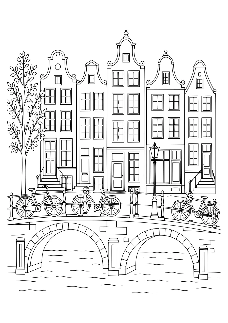 Amsterdam canal houses coloring page to print