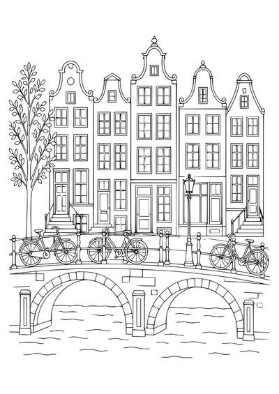 Amsterdam canal houses coloring page to print