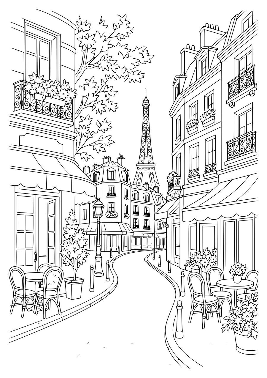 Paris street with cafés coloring page to print