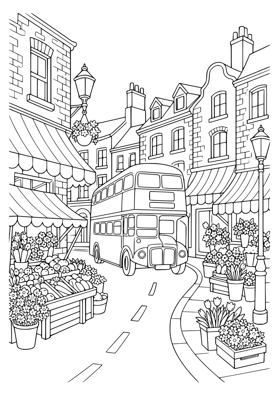 London market street coloring page — kostenloses Ausmalbild zum Ausdrucken