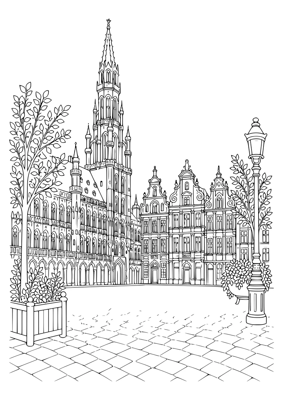 Brussels square with façades coloring page — kostenloses Ausmalbild zum Ausdrucken