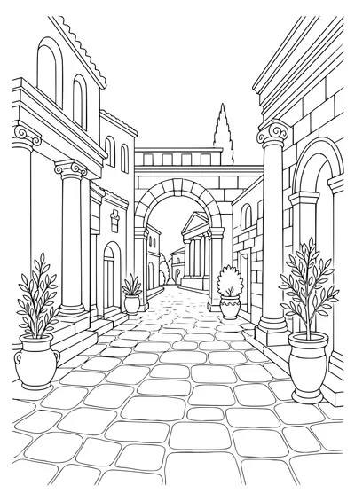 Roman street with arches coloring page to print