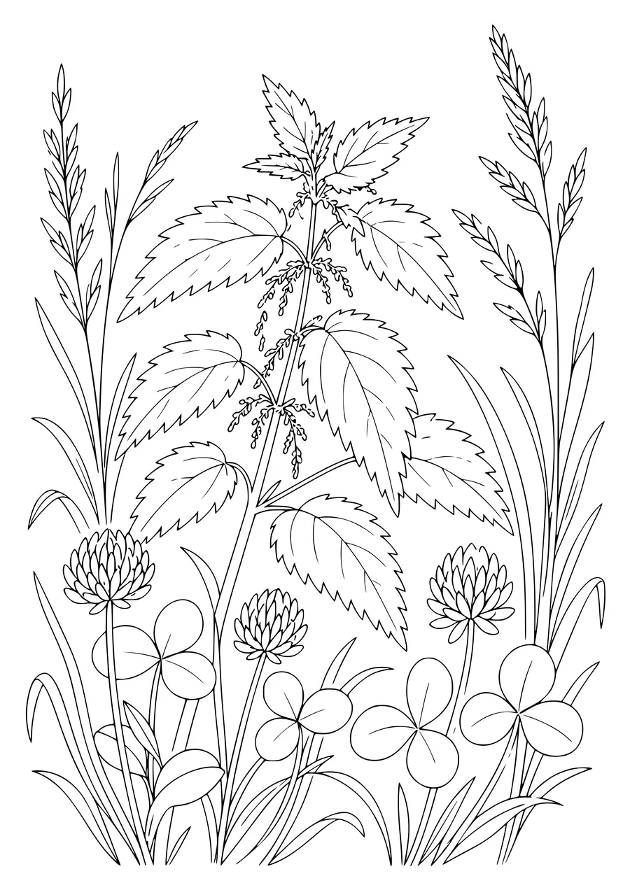 Nettle and clover coloring page — kostenloses Ausmalbild zum Ausdrucken