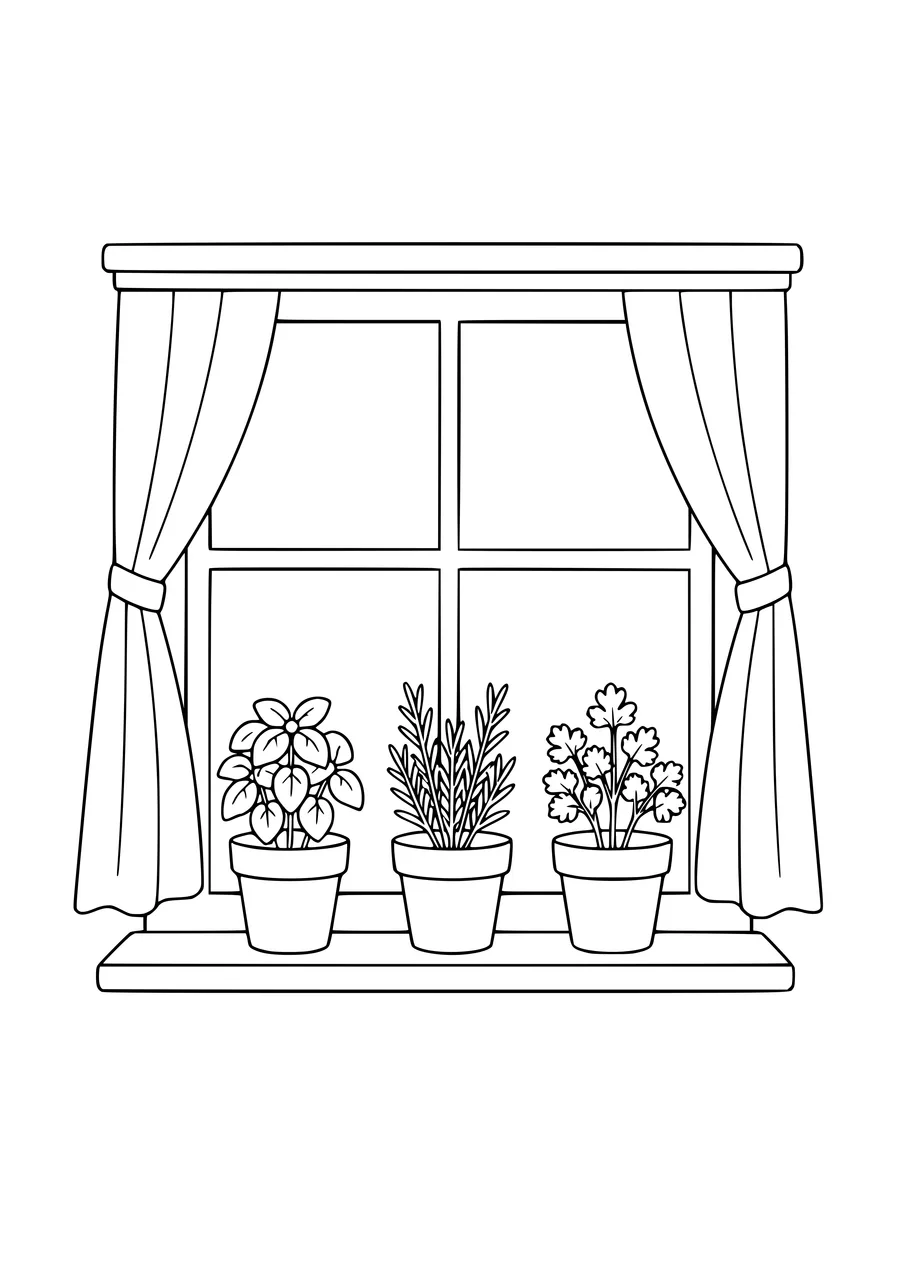 Kitchen window with herbs coloring page to print