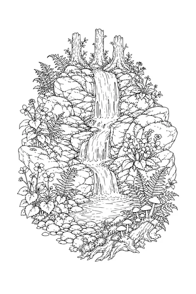 Free printable coloring page of detailed forest waterfall