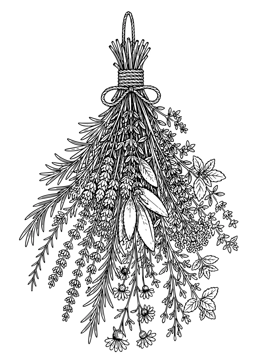 Coloriage d'un bouquet d'herbes suspendu à sécher