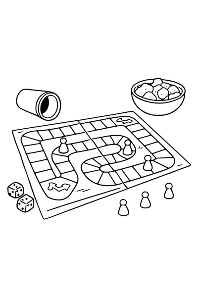 Coloring page of a board game seen from above with dice and pieces